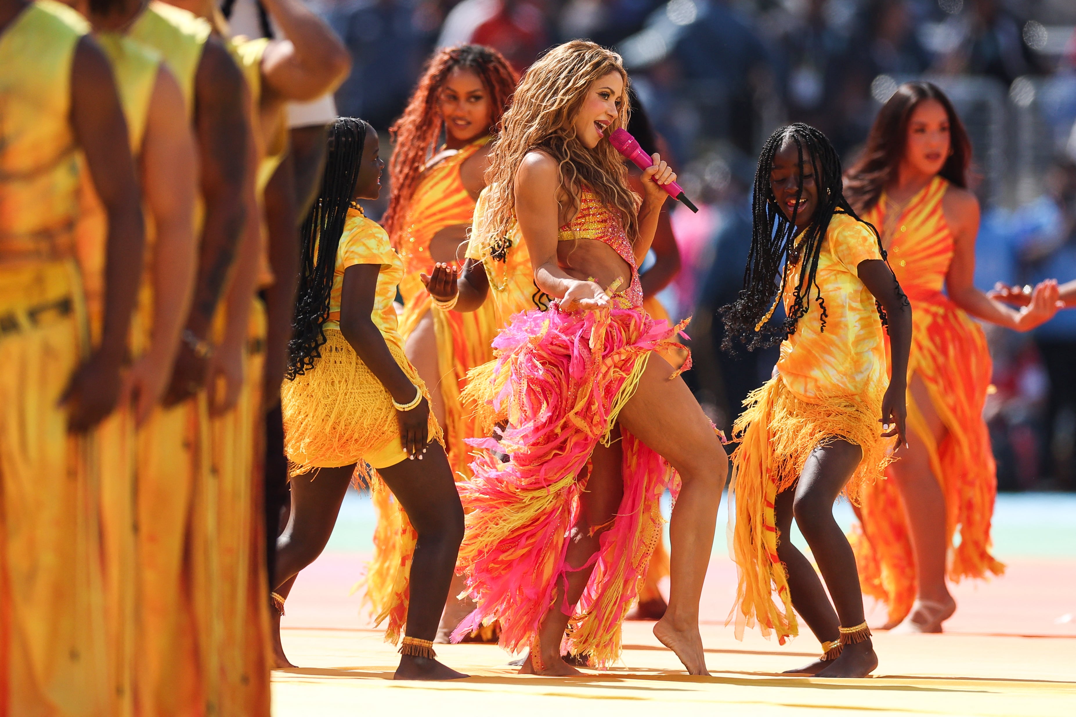 Colombian singer Shakira performs during the halftime show of the 2026 World Cup football tournament final match between Spain and Argentina at the New York/New Jersey Stadium in East Rutherford on July 19, 2026. (Photo by PATRICIA DE MELO MOREIRA / AFP)