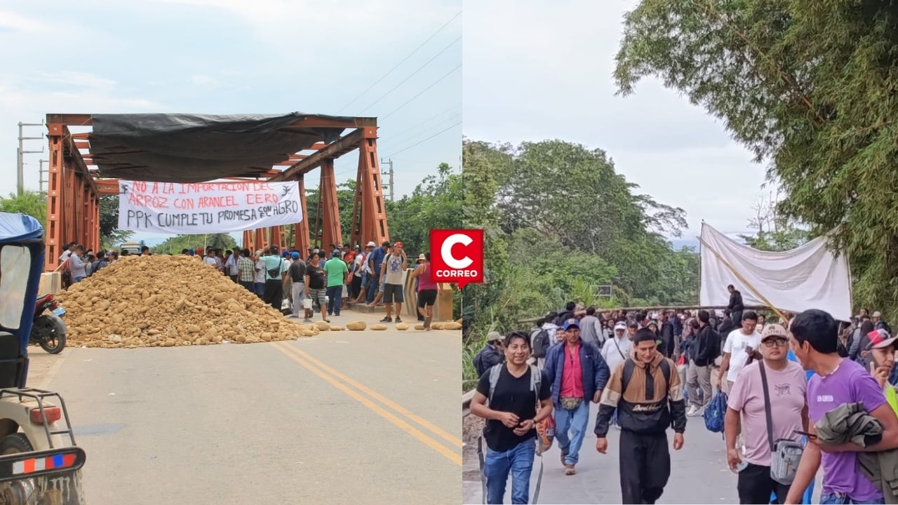 San Martín: productores de arroz bloquean carretera Fernando Belaunde Terry y declaran paro indefinido. Composición: Diario Correo.