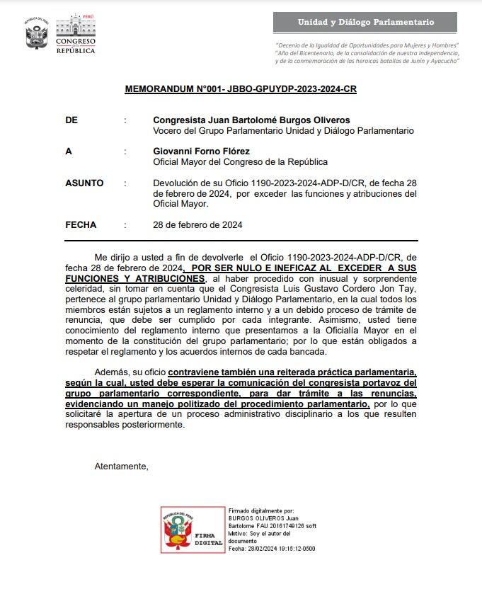 Documento de Unidad y Diálogo Parlamentario enviado al oficial mayor, Giovanni Forno. (Foto: Congreso)