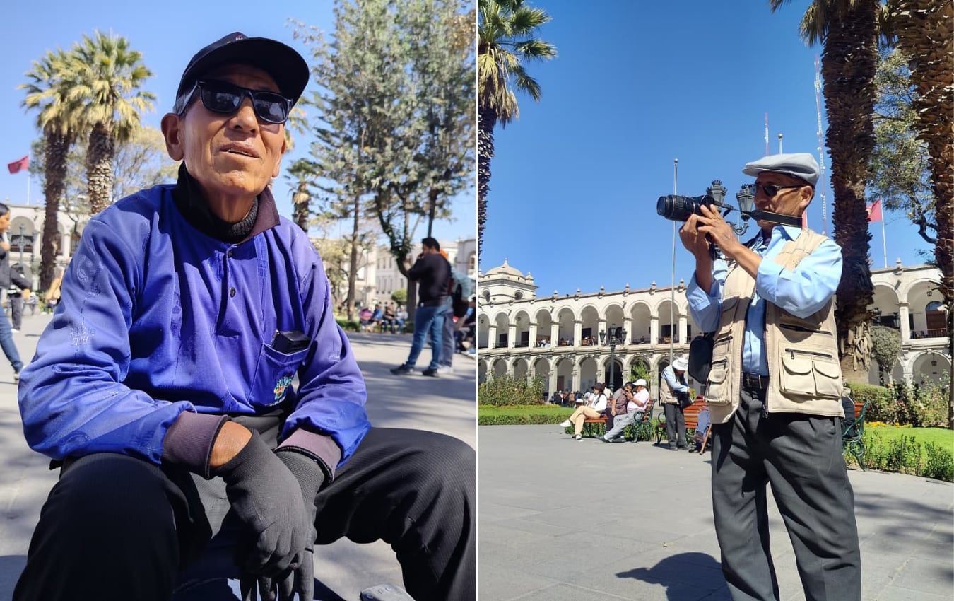 Pedro León Apaza (lustrador) y Fernando Choquecota Condori (fotógrafo), padres en Arequipa. (Foto: Flor Barrios/@photo.gec)