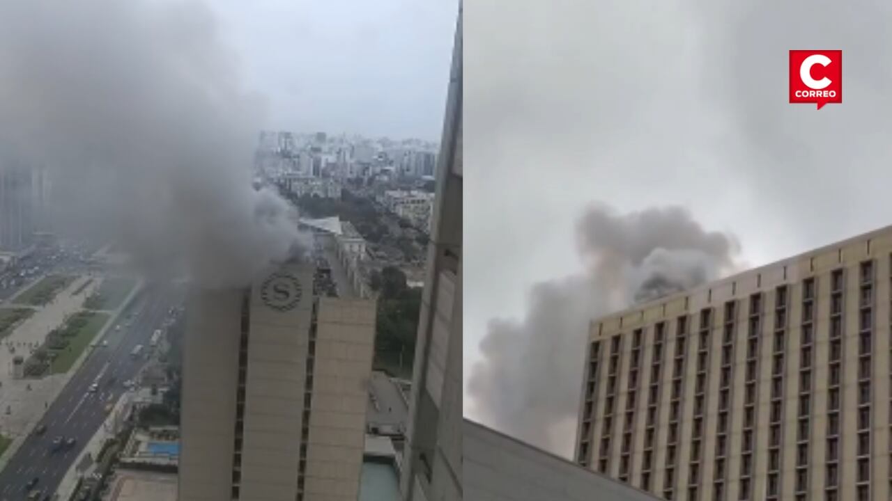 Cercado de Lima: incendio afecta la parte alta del hotel Sheraton y moviliza a varias unidades de bomberos. Composición: Diario Correo.