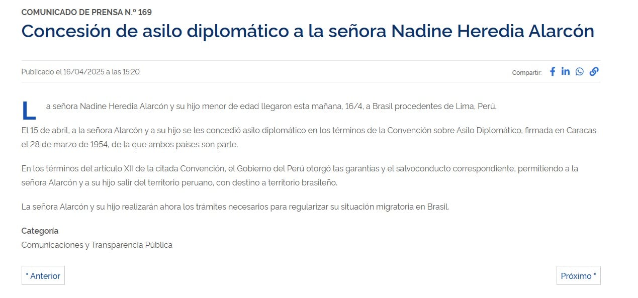 Comunicado de la Cancillería de Brasil sobre el asilo a Nadine y a su menor hijo.