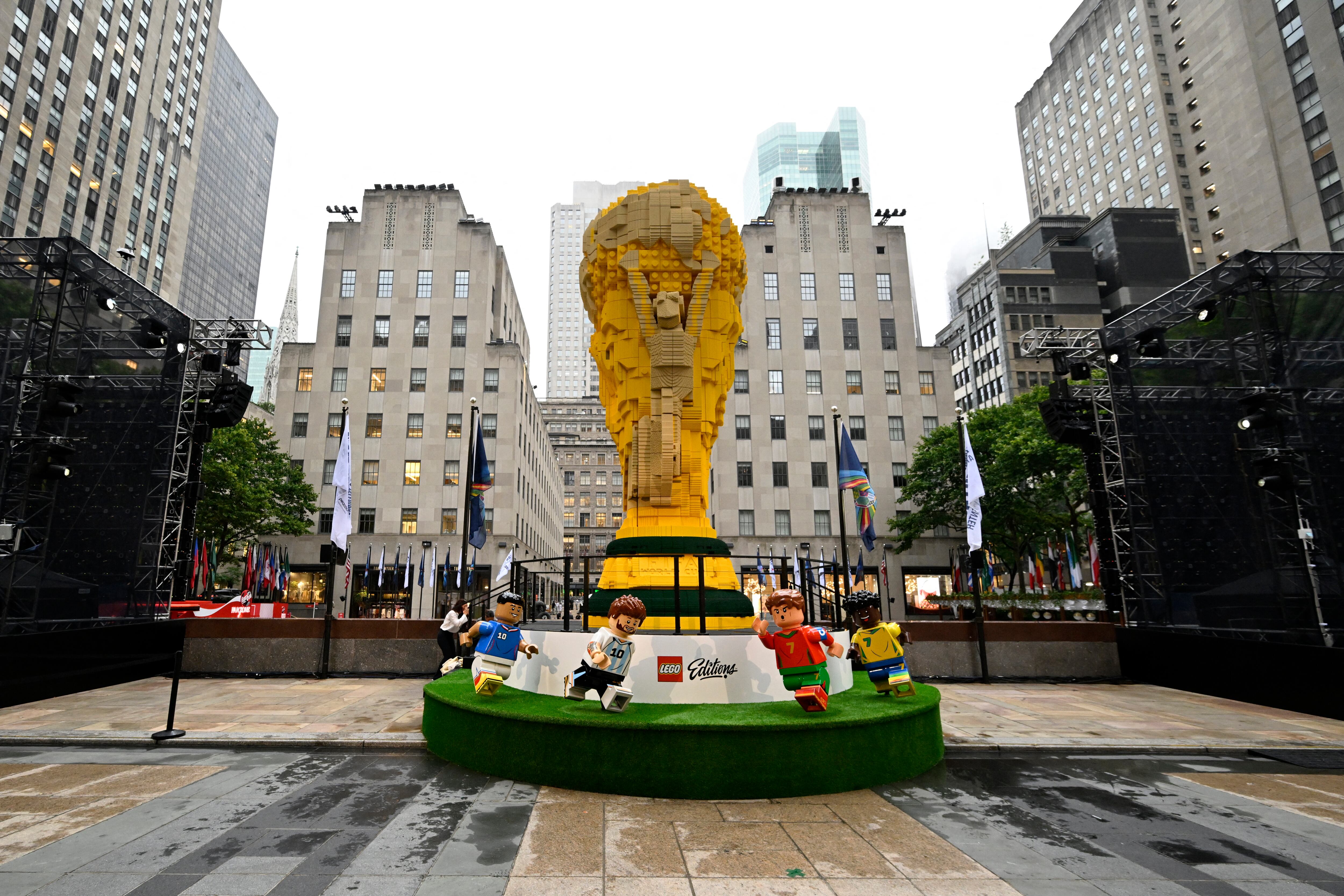 NEW YORK, NEW YORK - JULY 06: A view of the installation as Football legend Cafu joins fans as the LEGO Group unveils the world's biggest FIFA World Cup Trophy� in New York City on July 06, 2026 in New York, New York. Eugene Gologursky/Getty Images for LEGO Group/AFP (Photo by Eugene Gologursky / GETTY IMAGES NORTH AMERICA / Getty Images via AFP)