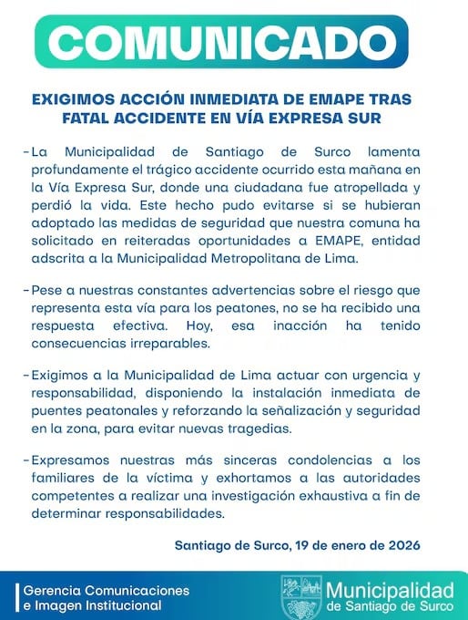 Municipalidad de Surco responsabilizó de la tragedia a la comuna limeña y a EMAPE.