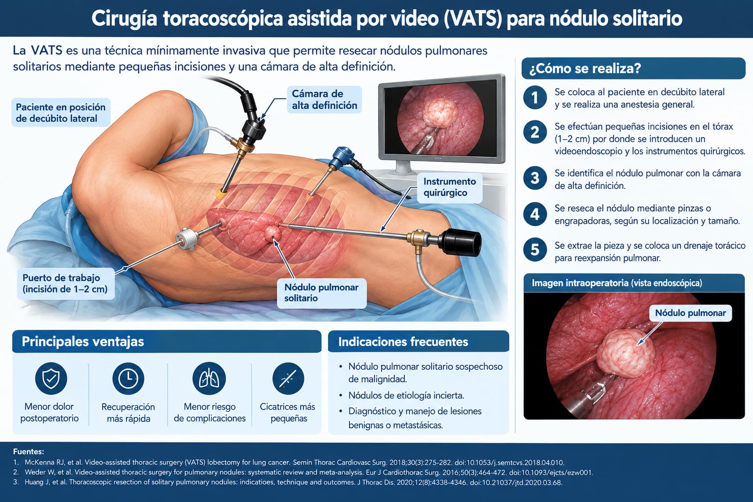 VATS. La cirugía toracoscópica asistida por video permite extirpar nódulos pulmonares mediante pequeñas incisiones, una cámara de alta definición e instrumentos quirúrgicos. Entre sus ventajas potenciales figuran un menor dolor posoperatorio y una recuperación más rápida. Fuentes: McKenna RJ et al., Seminars in Thoracic and Cardiovascular Surgery (2018); Weder W et al., European Journal of Cardio-Thoracic Surgery (2016); Huang J et al., Journal of Thoracic Disease (2020). Imagen generada con inteligencia artificial (IA) con fines ilustrativos.