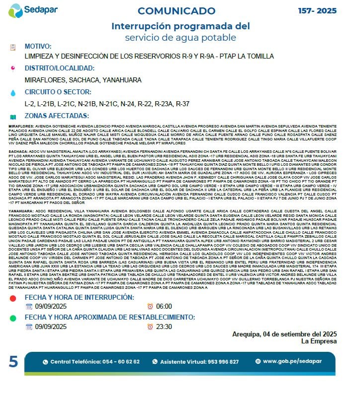 Corte de agua en Arequipa este martes 9 de setiembre