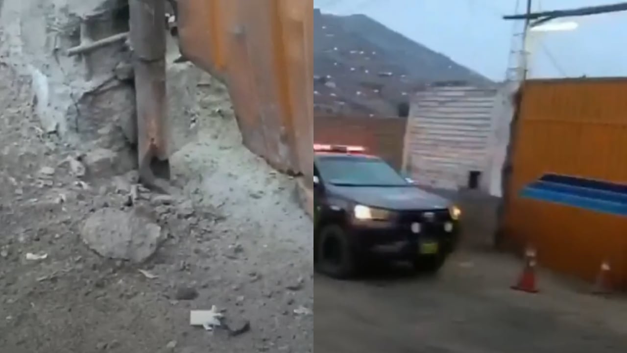 SJL: explosivo causa daños en portón de empresa Cinco Estrellas en Jicamarca. Fotos: RPP.