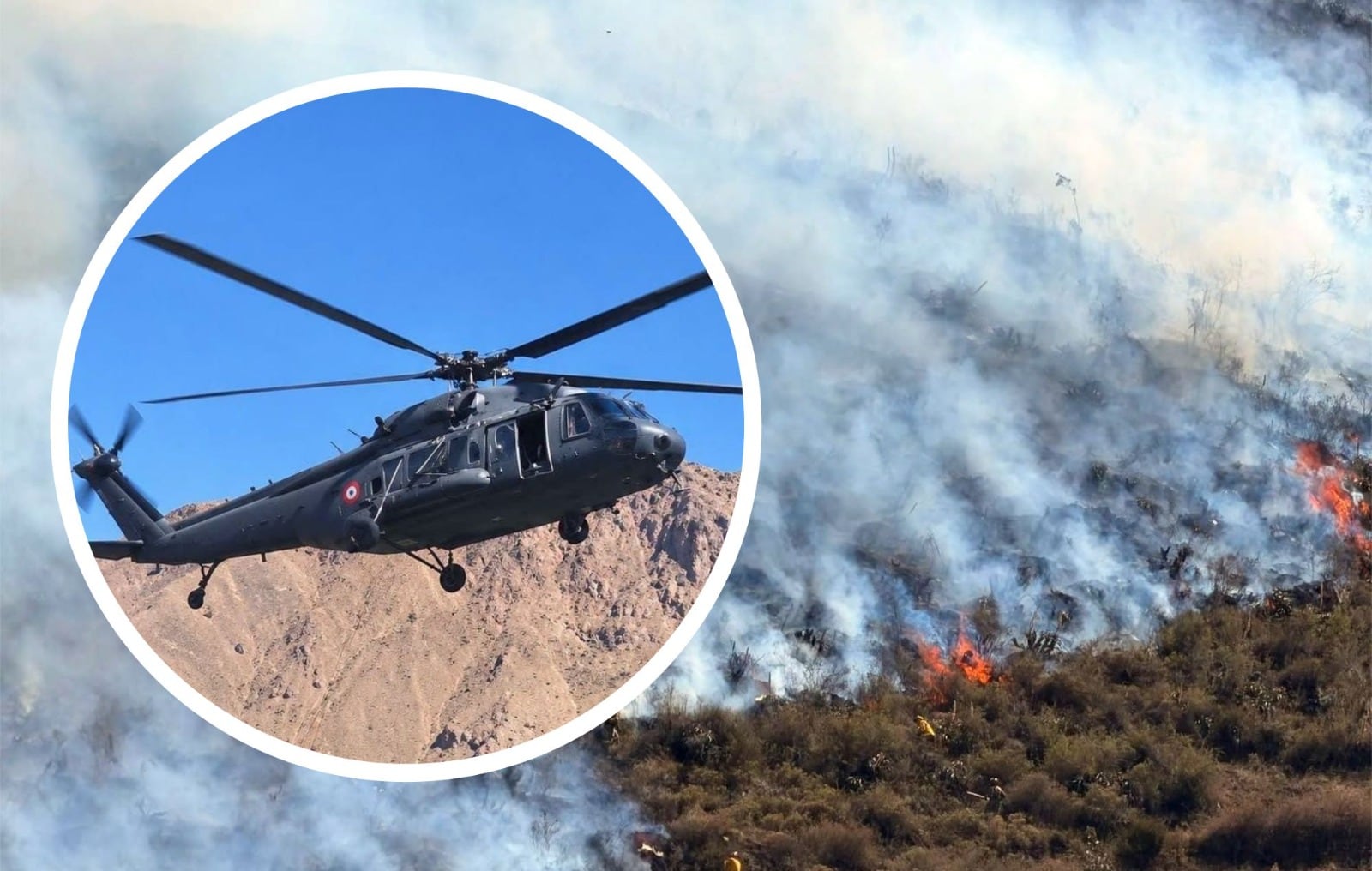 Avión Spartan y helicóptero MI17 trabajan junto a los Bomberos en zonas críticas, pero la temperatura y el tipo de combustible hacen que las labores se compliquen aún más.
