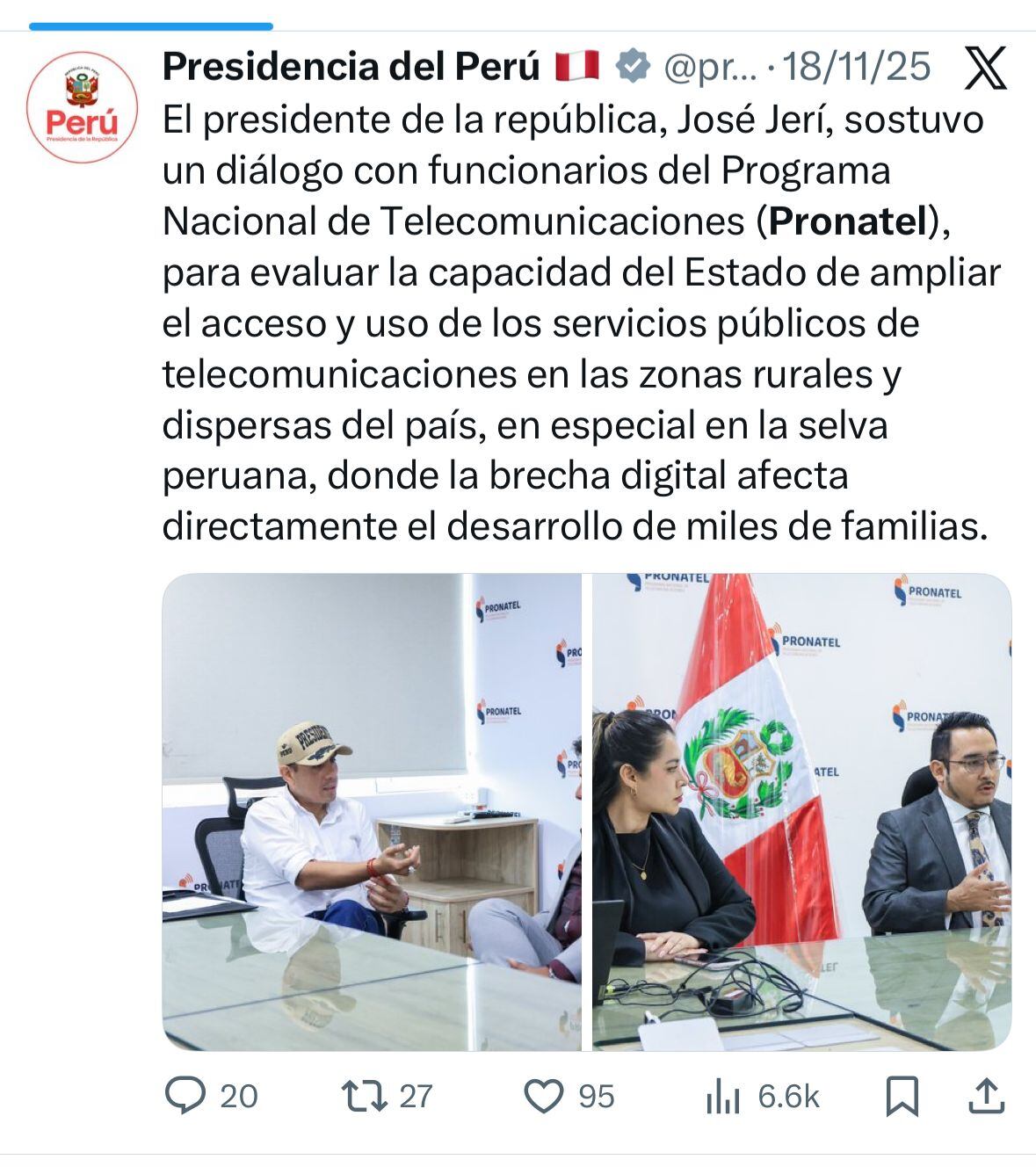 Esta es la publicación sobre la visita inopinada el presidente Jerí al Pronatel. (Foto: Cuenta X de Presidencia)