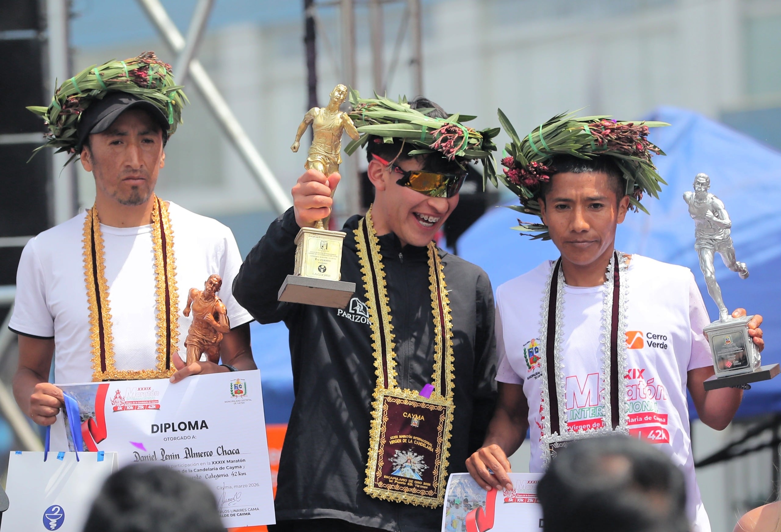 Yeison Gustavo Canchanya Canchanya se consagró campeón de la Maratón Internacional Virgen de la Candelaria 2026. (Foto: Omar Cruz/@photo.gec).