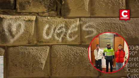 Sujetos caen luego de grafitear muro inca en el Centro Histórico de Cusco (FOTOS)