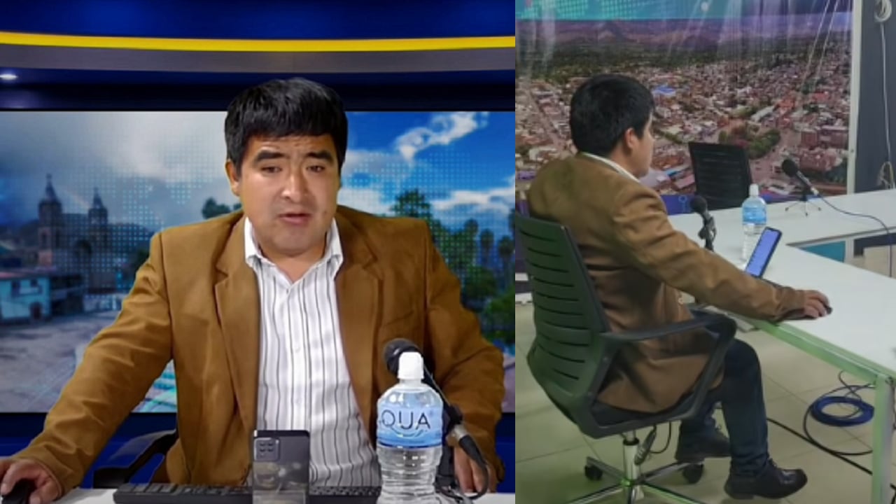 El conductor continuó al aire y mantuvo la calma mientras el movimiento telúrico sacudía el estudio en Huanta (Ayacucho). (Foto: Captura Media Tv)