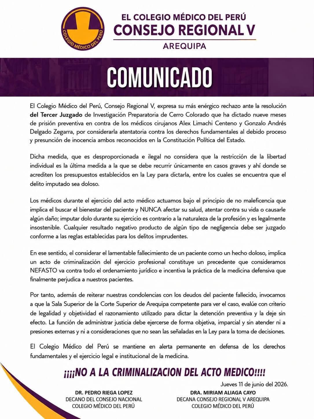 Colegio Médico rechaza prisión preventiva de médicos por muerte de niño de 7 años en Arequipa