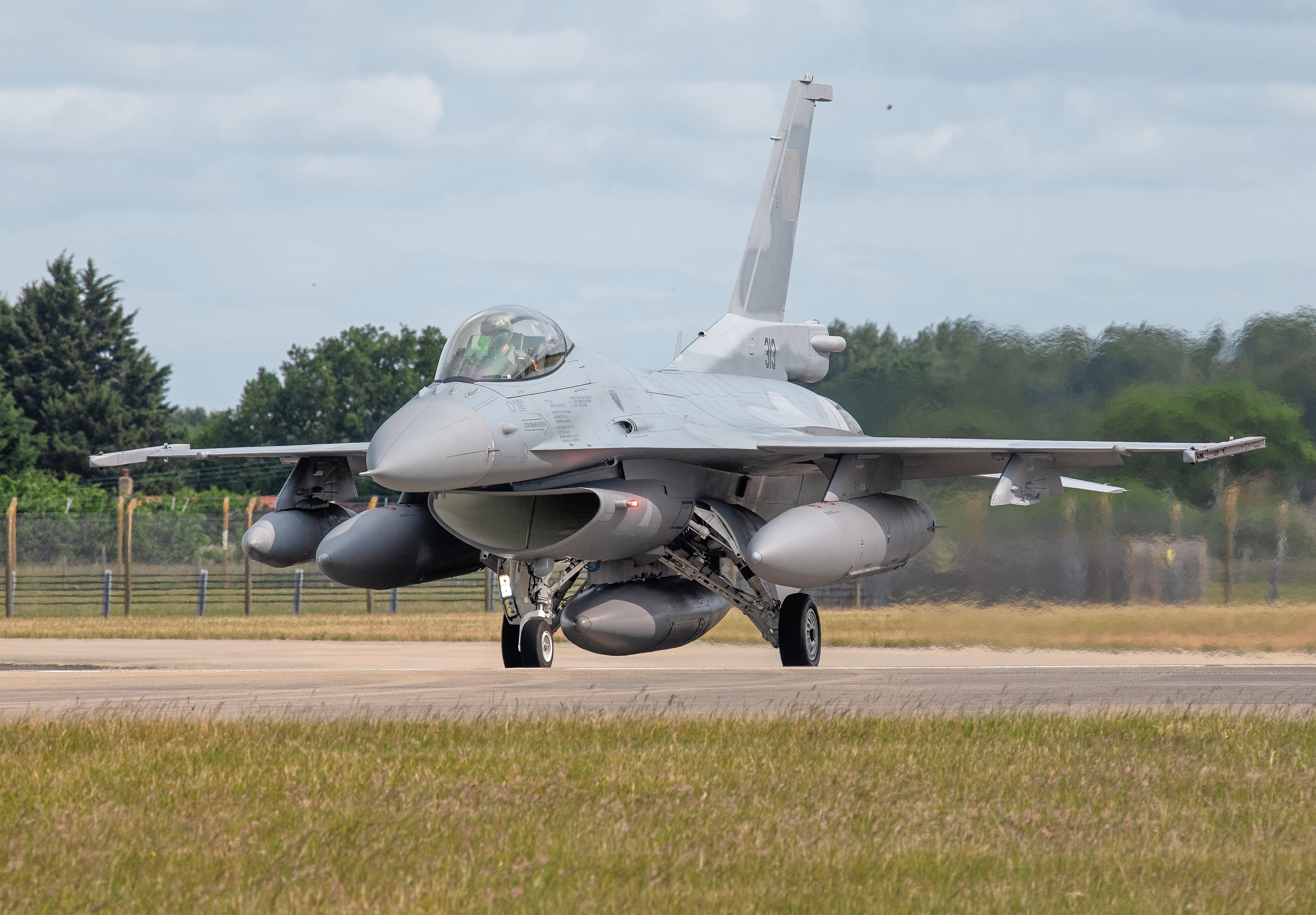 Mildenhall, Suffolk, UK June 8, 2025 A Lockheed Martin F-16V Block 70 for the Bulgarian Air Force Seen departing RAF Mildenhall on delivery