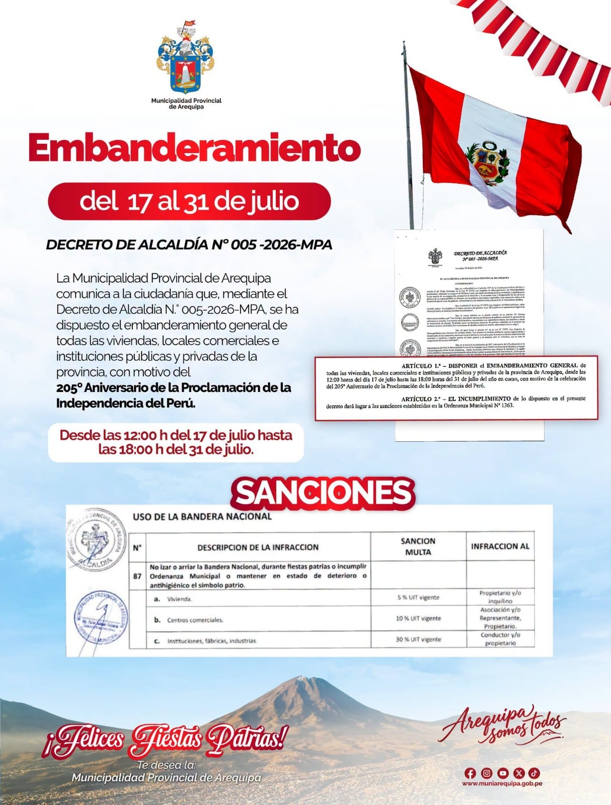 Decreto de Alcaldía N.° 005-2026 sobre el embanderamiento en Arequipa.