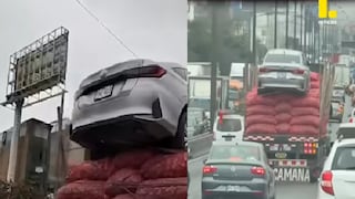 Los Olivos: Camión traslada auto sobre costales de cebolla en la Panamericana Norte