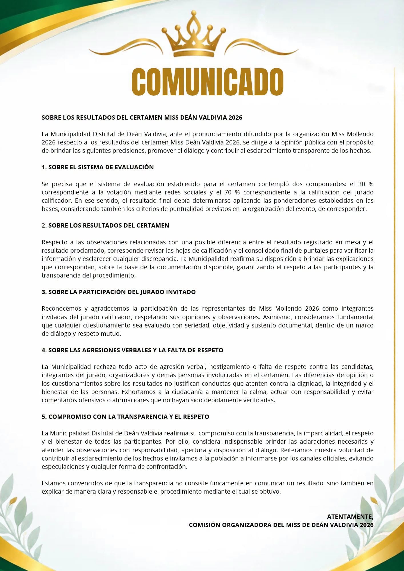Comunicado de la Municipalidad de Deán Valdivia