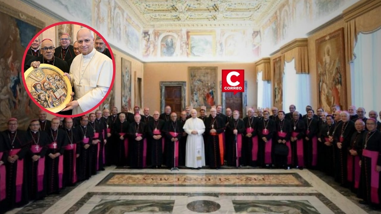 Papa León XIV recibe a obispos del Perú y comparte almuerzo en el Vaticano durante visita ad limina. Composición: Diario Correo.