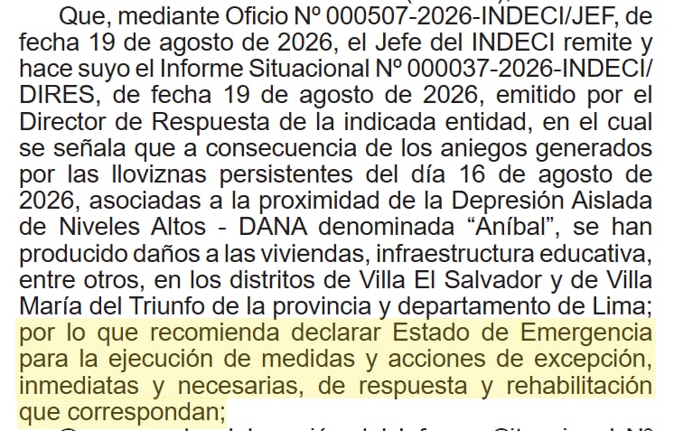 Captura de pantalla de un fragmento del Decreto Supremo Nº 117-2026-PCM.