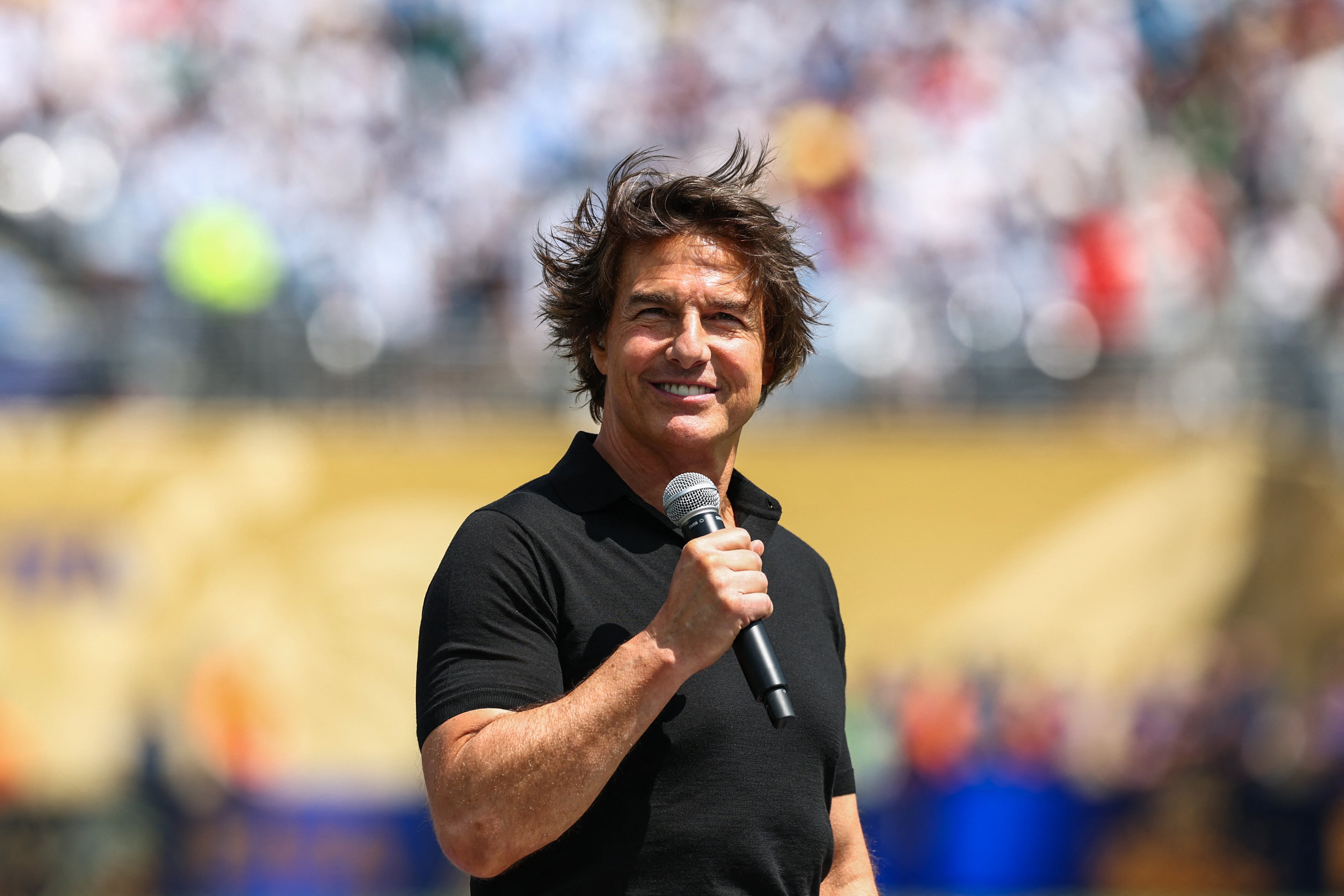US actor and producer Tom Cruise delivers a speech ahead of the 2026 World Cup football tournament final match between Spain and Argentina at the New York/New Jersey Stadium in East Rutherford on July 19, 2026. (Photo by FRANCK FIFE / AFP)