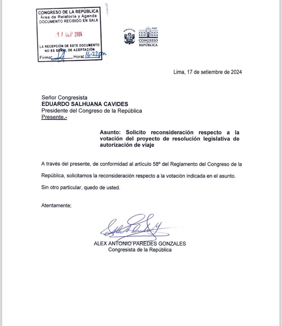 Oficio enviado por el congresista Álex Paredes al presidente del Parlamento.