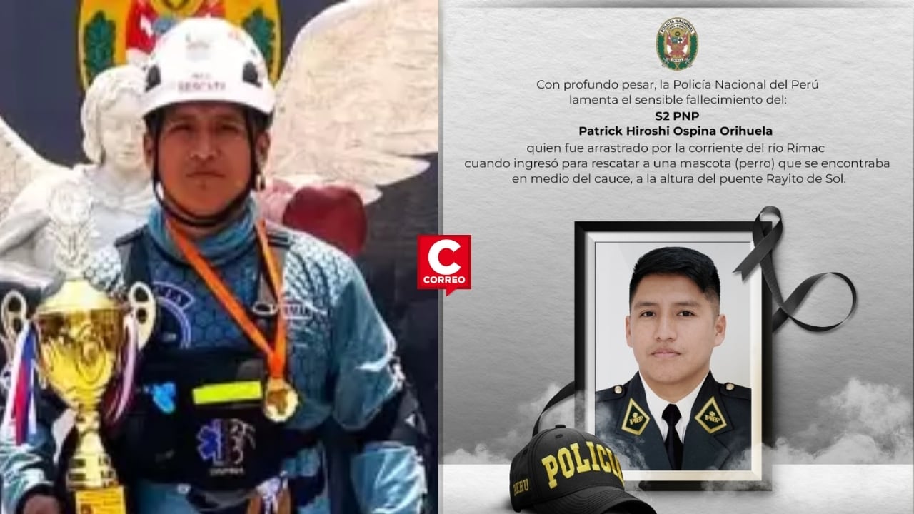 PNP otorgará ascenso póstumo a Patrick Ospina tras fallecer intentado rescatar un perrito en el río Rímac. Composición: Diario Correo.