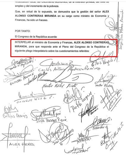 Presentan Moción de interpelación contra Alex Contreras.