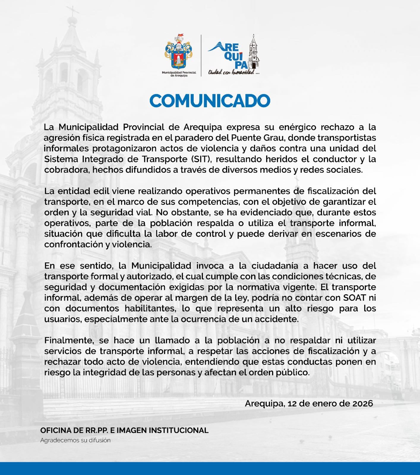 Comunicado de la Municipalidad Provincial de Arequipa. Foto: MPA.