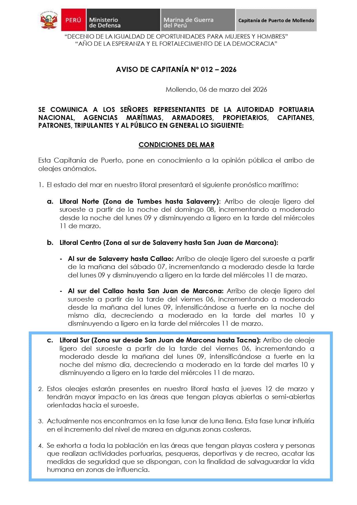 La Capitanía de Mollendo emitió la alerta