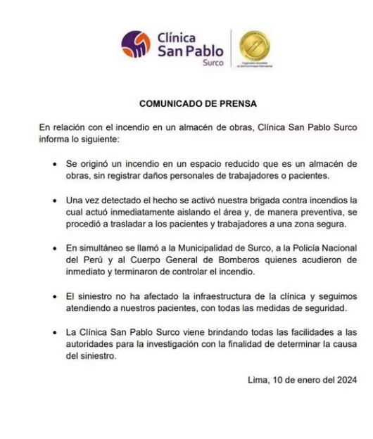 Comunicado de la clínica San Pablo de Surco.