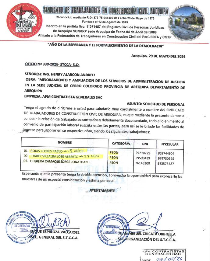 Construcción Civil solicitó la contratación de adulto mayor en obra como peon (Foto: GEC)