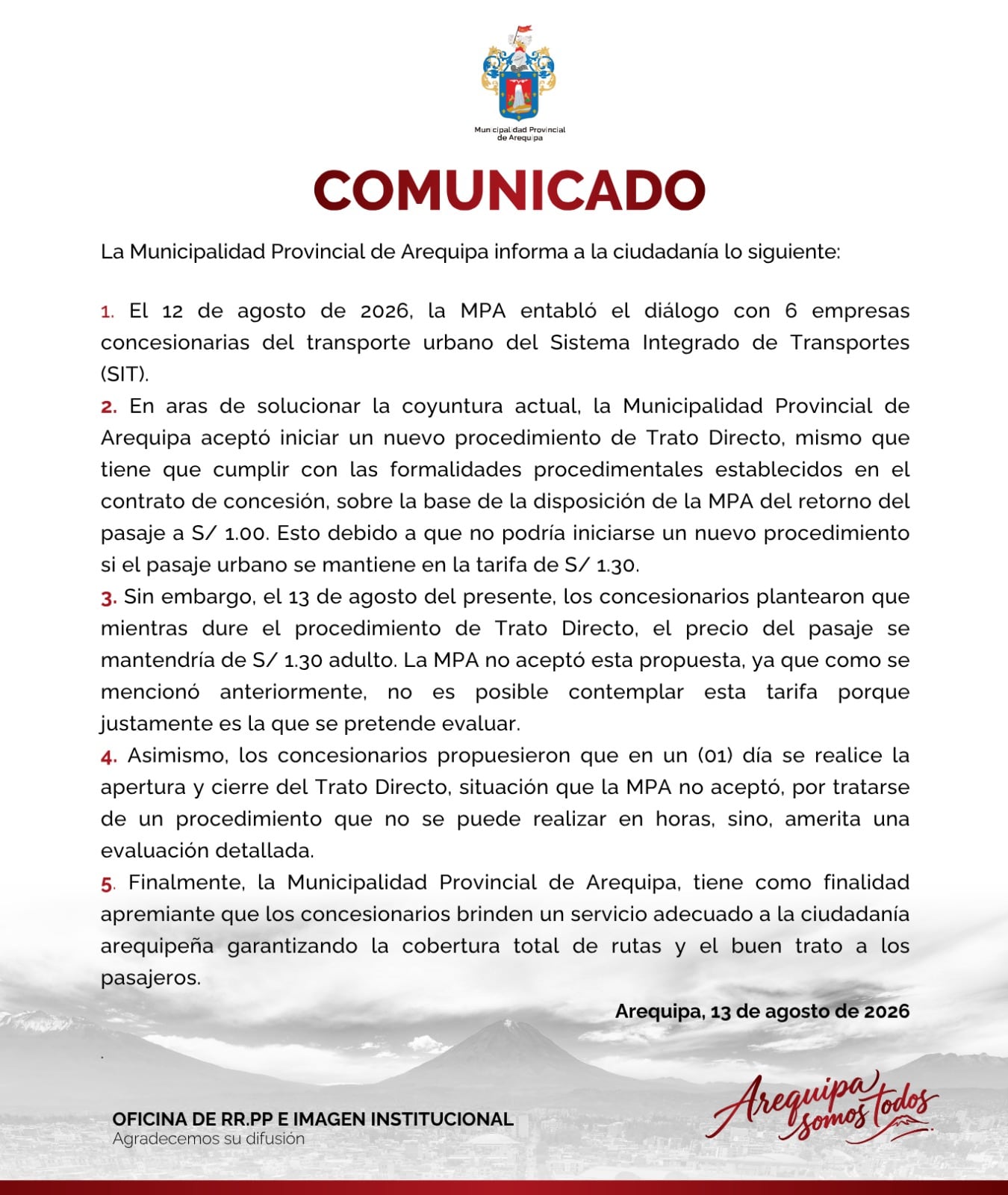 Comunicado de la Municipalidad Provincial de Arequipa