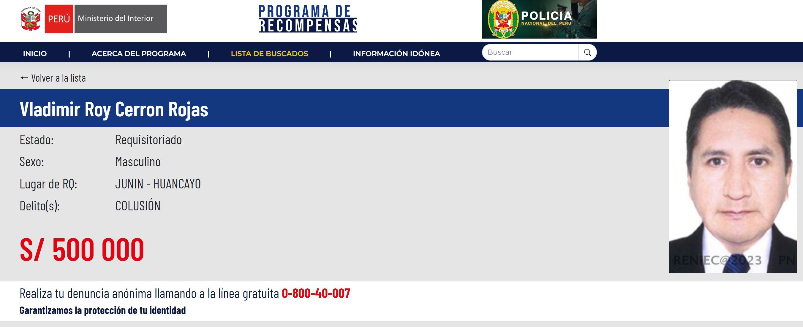 Vladimir Cerrón se encuentra incluido en el programa de recompensas del Ministerio del Interior.