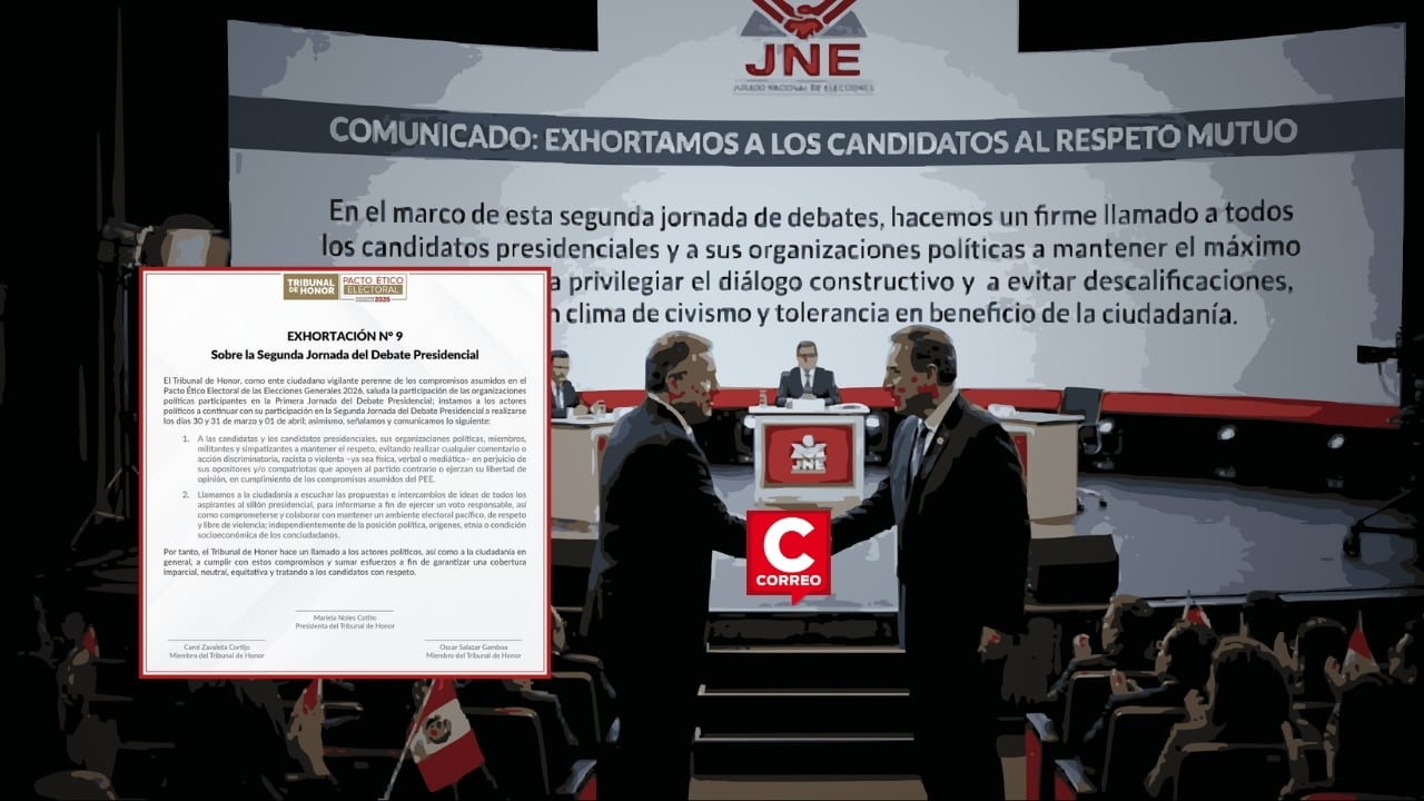 Tribunal de Honor exige respeto mutuo en segunda jornada de debates presidenciales 2026. Composición: Diario Correo.