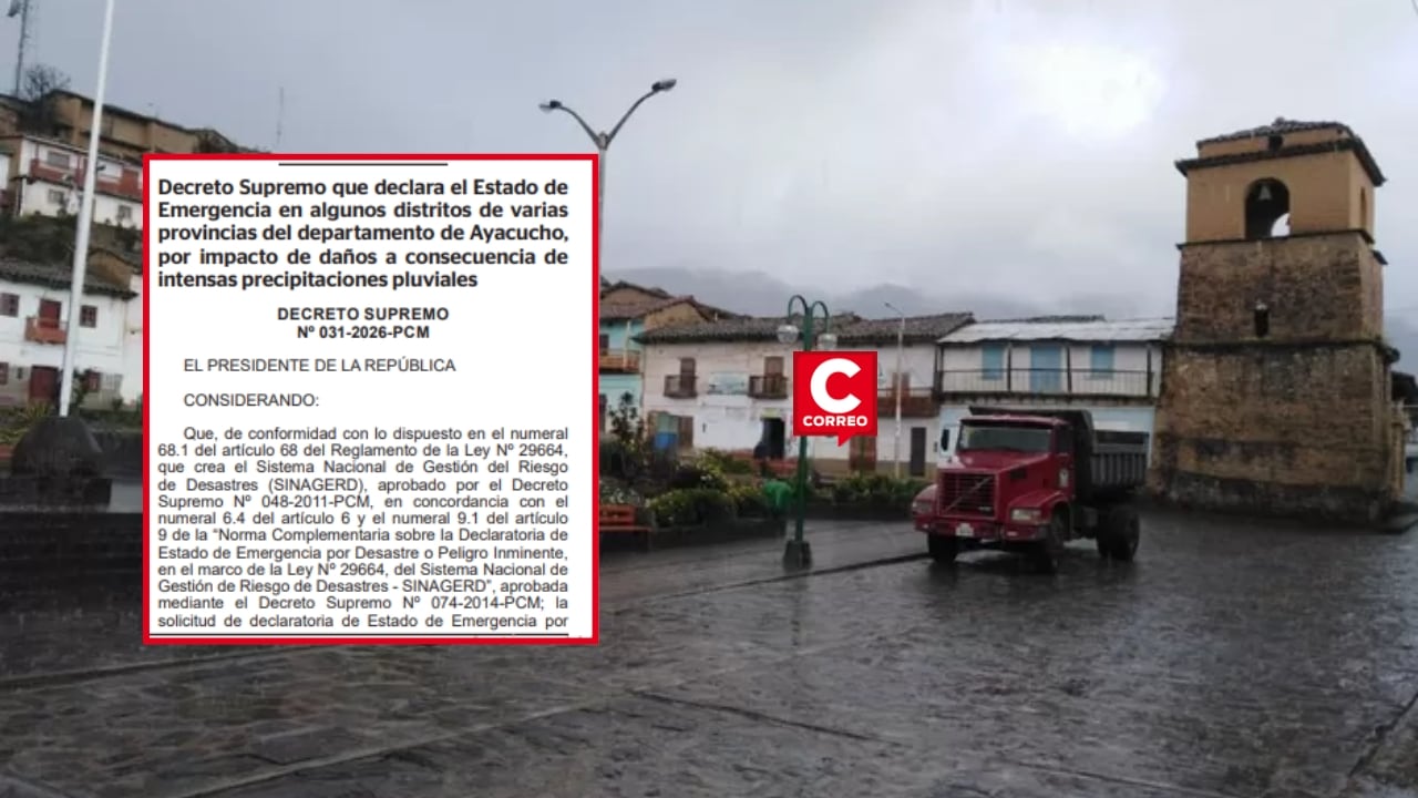 Gobierno declara emergencia por lluvias en 16 distritos de Ayacucho por 60 días. Composición: Diario Correo.