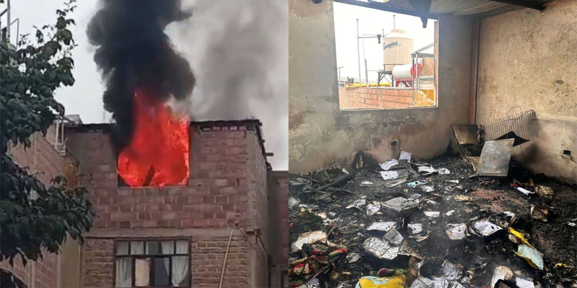 El fuego que salía por una ventana del tercer nivel de la vivienda. (Foto: Difusión)