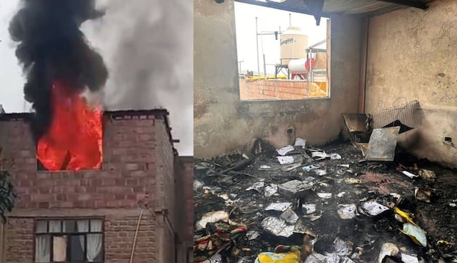 El fuego que salía por una ventana del tercer nivel de la vivienda. (Foto: Difusión)