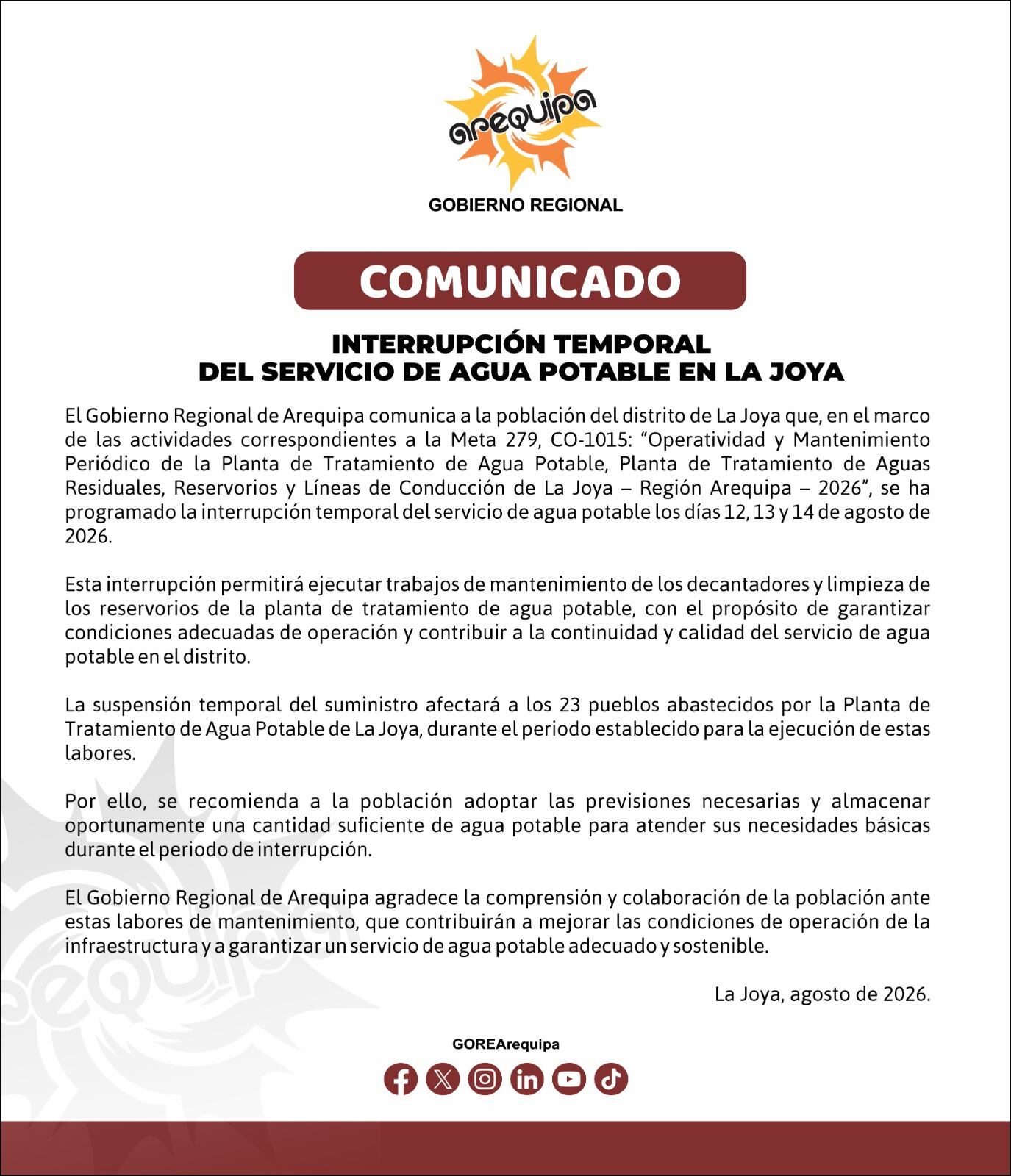 Comunicado corte del servicio de agua en La Joya (Foto: GRA)
