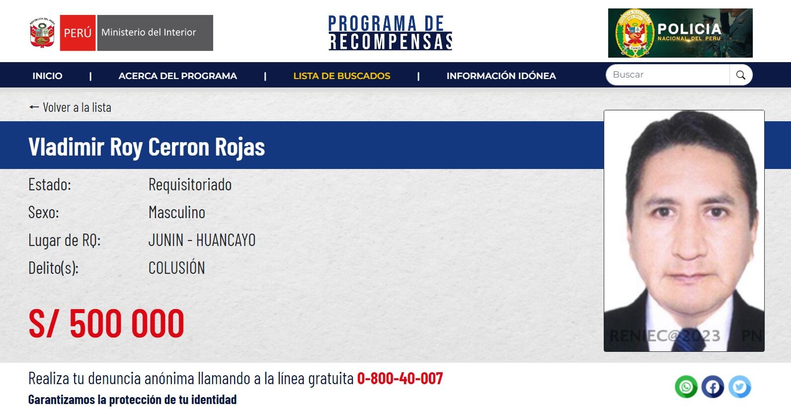 El Ministerio del Interior incrementó a medio millón de soles la recompensa por información que lleve a la captura del líder de Perú Libre, Vladimir Cerrón. (Foto: Mininter)