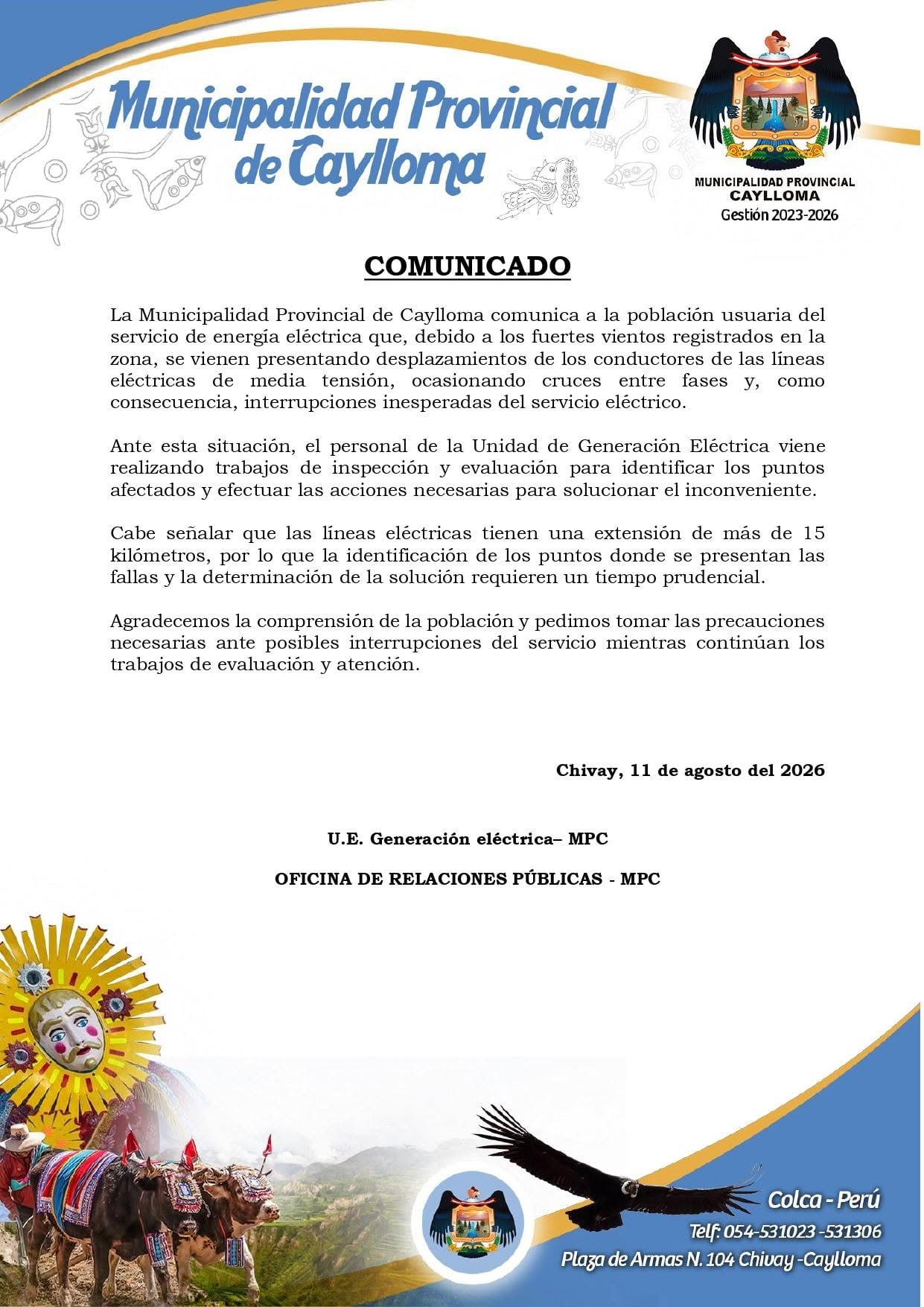 Comunicado de la Municipalidad Provincial de Caylloma