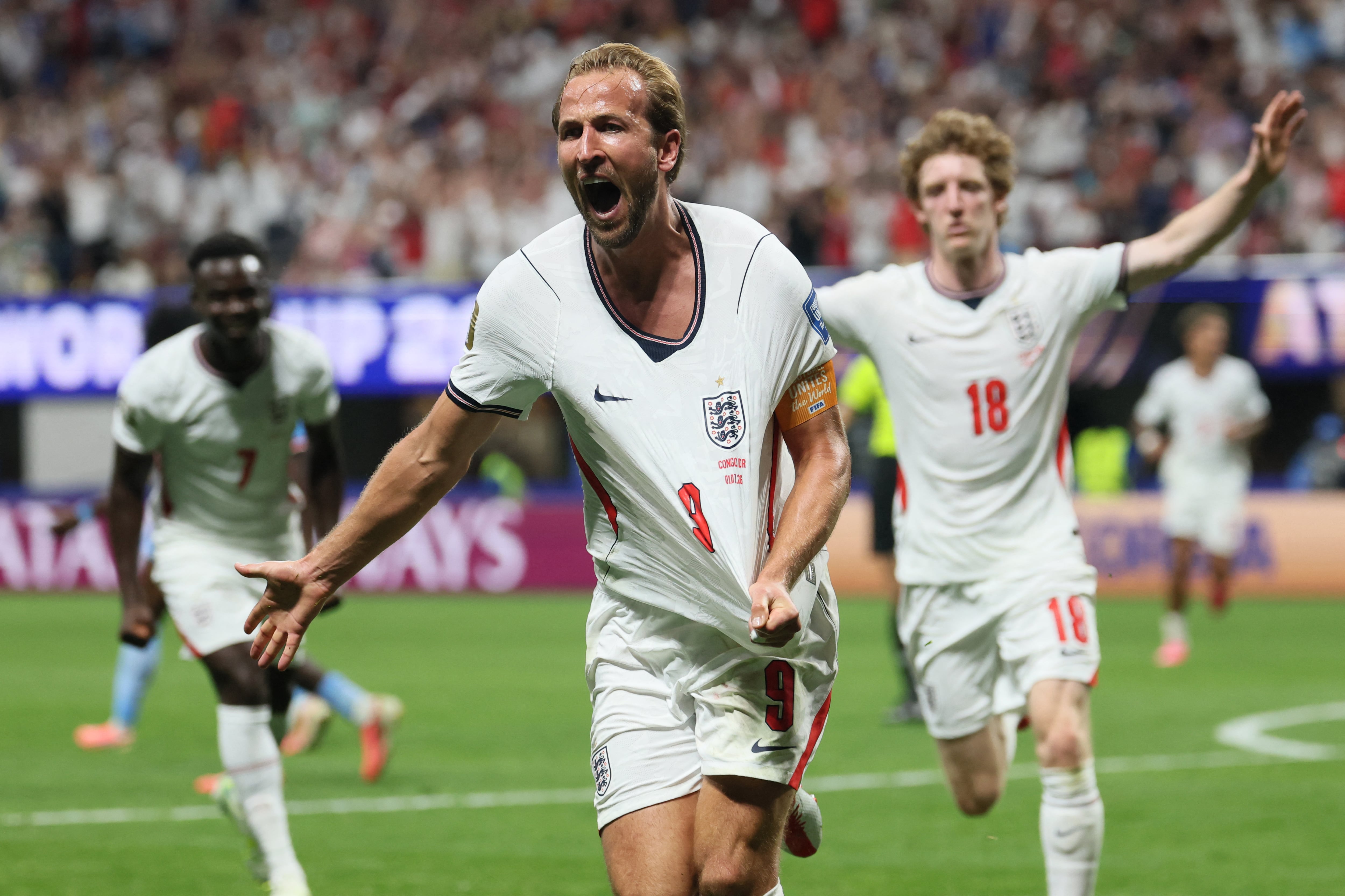 England's forward #09 Harry Kane celebrates scoring his team's second goal during the 2026 World Cup round of 32 match football between England and the Democratic Republic of Congo at the Atlanta Stadium in Atlanta on July 1, 2026. (Photo by Odd ANDERSEN / AFP)