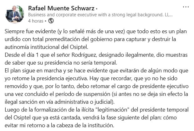 Rafael Muente había sido retirado del cargo de presidente ejecutivo del Osiptel con anterioridad.
Fuente: LinkedIn - Rafael Muente