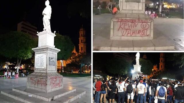 Barristas de la "U" hicieron pintas en monumento de la Plaza de Armas de Piura y serán denunciados (VIDEO)
