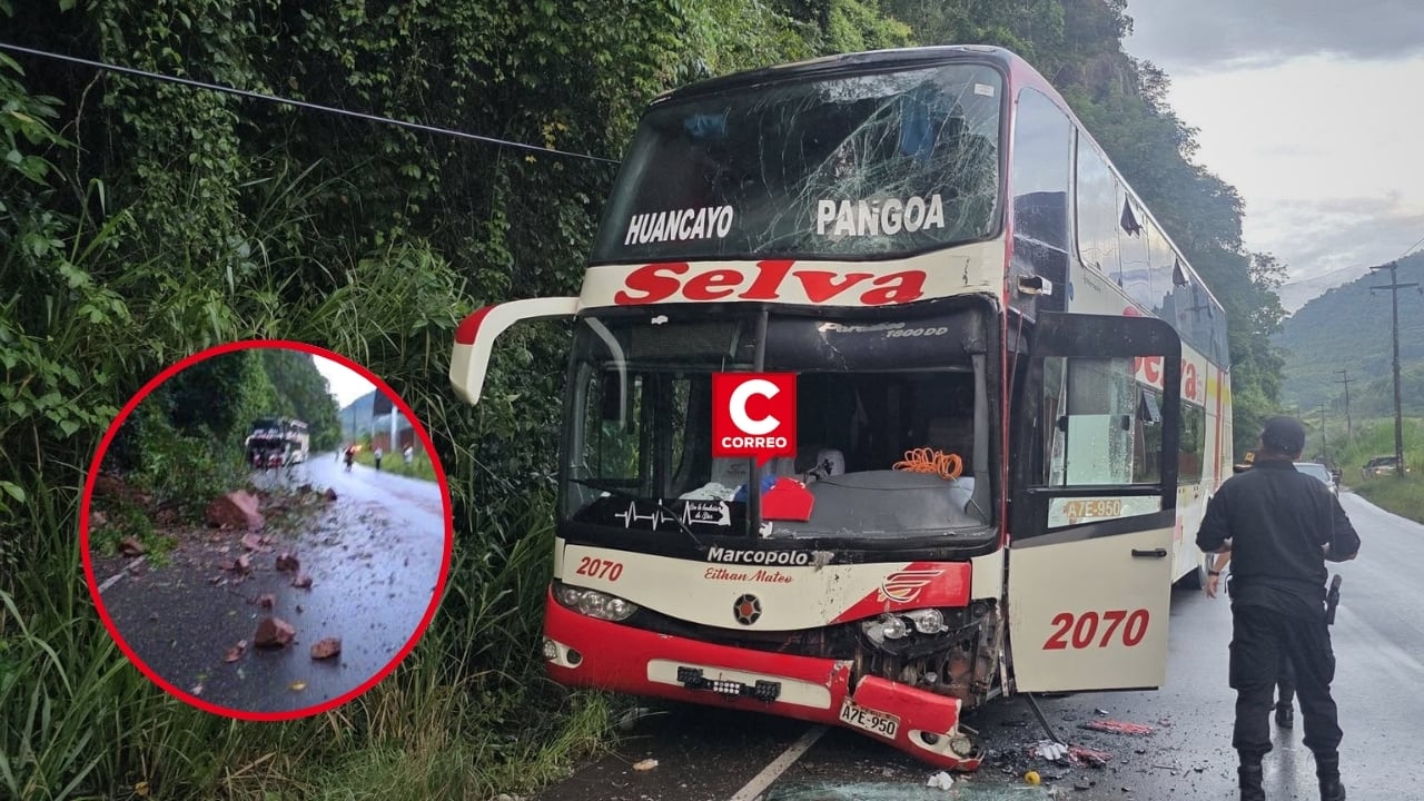 La Merced: deslizamiento de rocas provoca impacto de dos buses interprovinciales en Carretera Central. Composición: Diario Correo.