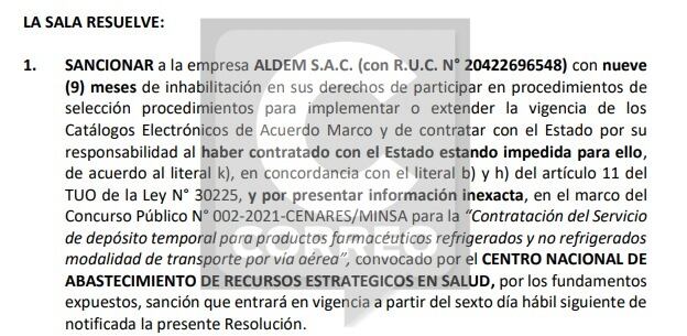 OSCE sancionó con nueve meses de inhabilitación a la empresa vinculada a Víctor Torres.