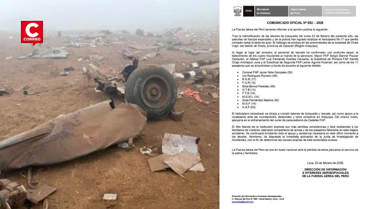La Fuerza Aérea del Perú confirmó el fallecimiento de cuatro tripulantes y 11 pasajeros tras la localización del helicóptero Mi-17 que perdió contacto radial en la región Arequipa. (Composición: Correo. Imágenes de la PNP y comunicado de la FAP)