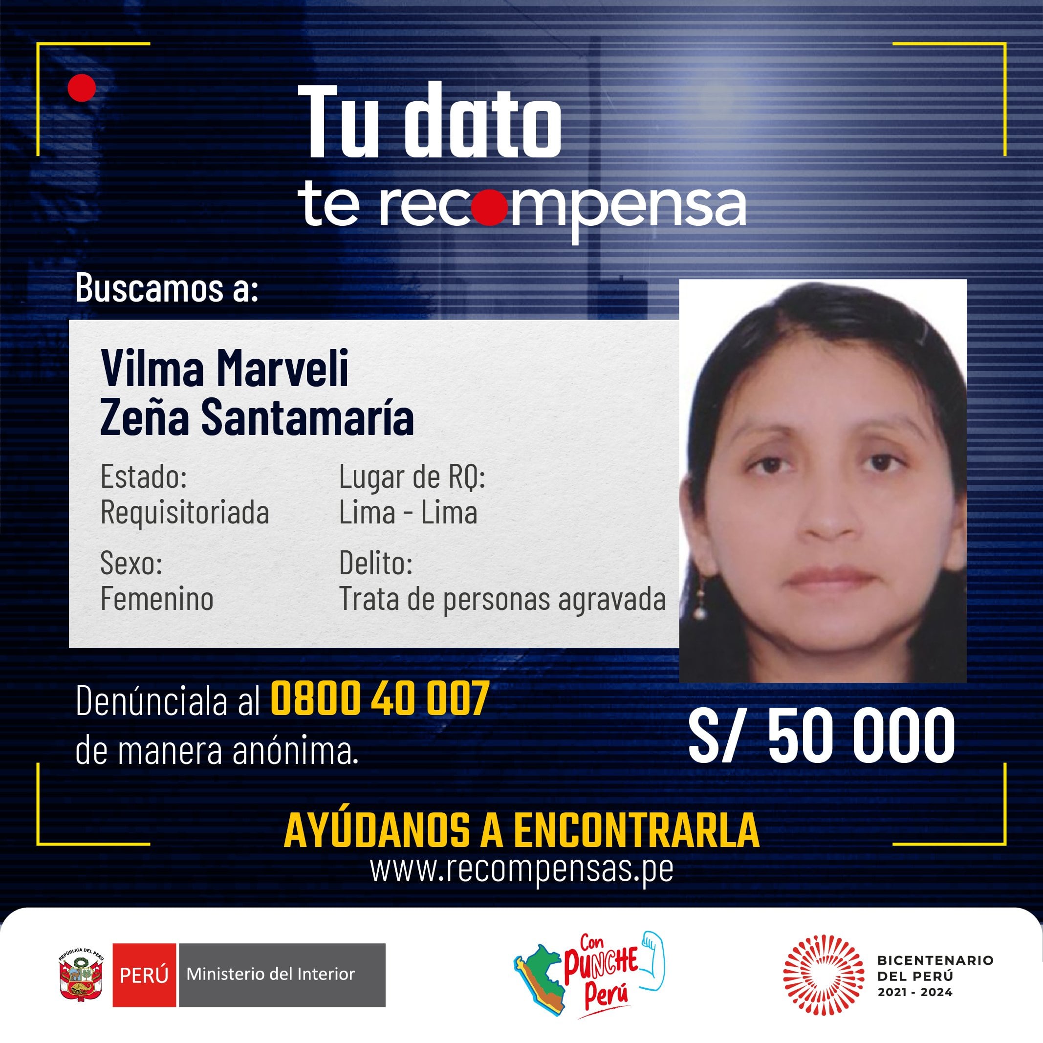 Mujer fue incluida en Programa de Recompensas del Mininter. Foto: Mininter