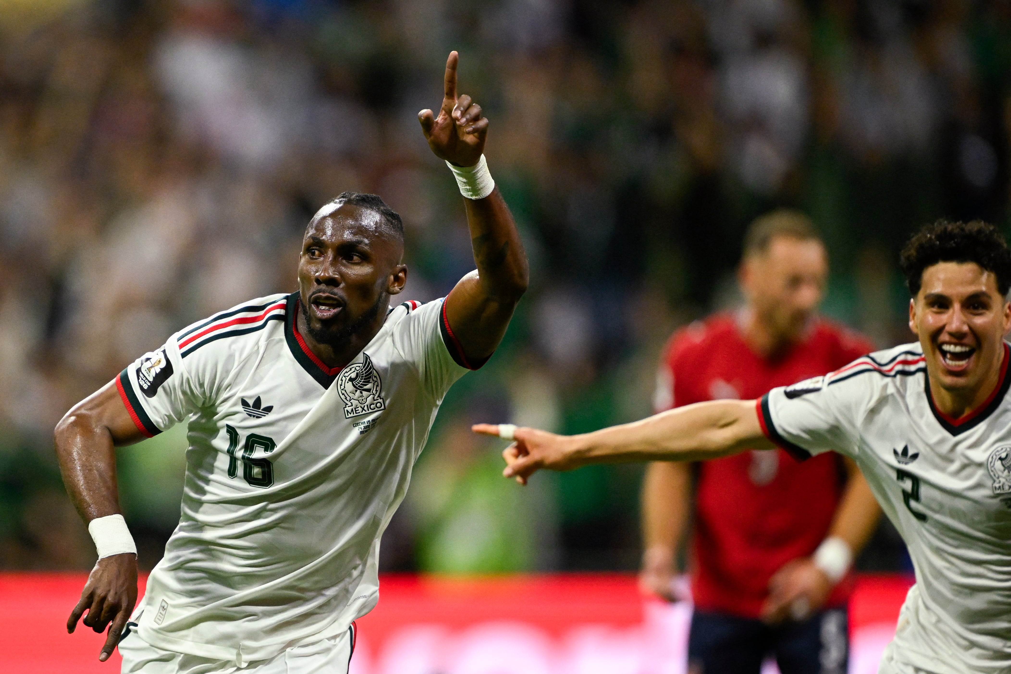 Mexico's forward #16 Julian Quinones celebrates scoring his team's second goal during the 2026 World Cup Group A football match between the Czech Republic and Mexico at the Mexico City Stadium in Mexico City on June 24, 2026. (Photo by Alfredo ESTRELLA / AFP)