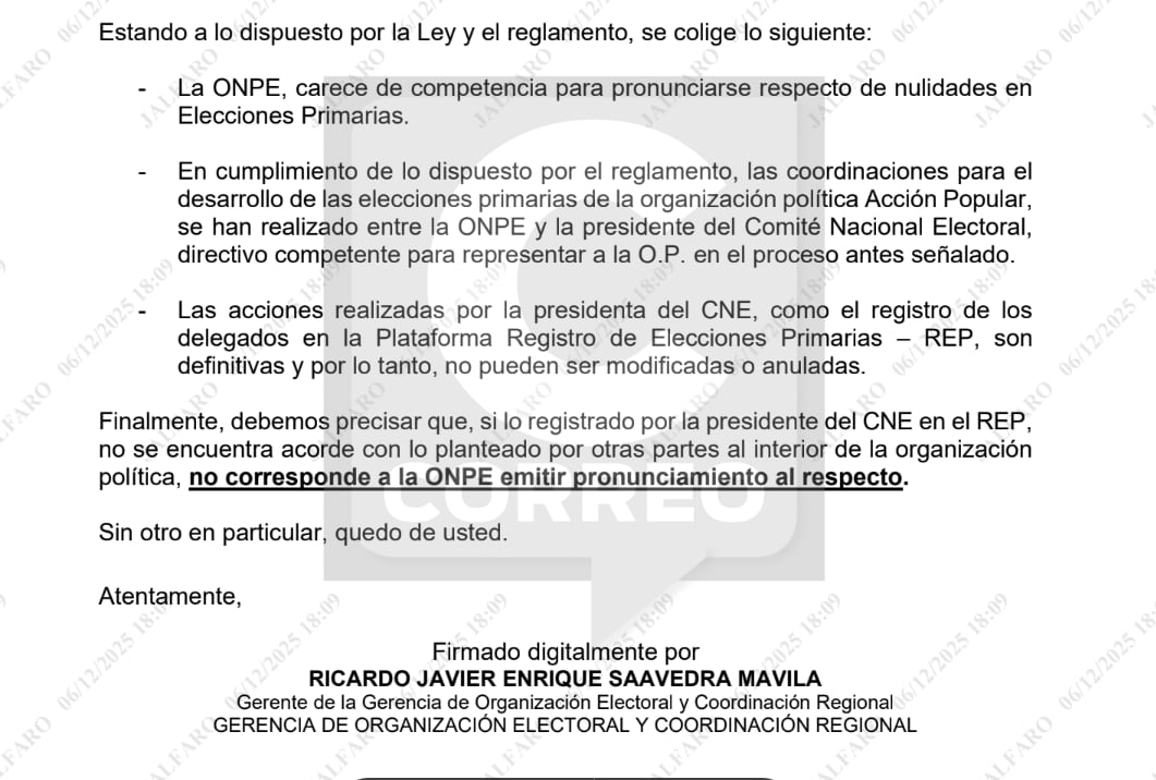 El 4 de diciembre, el CNE de AP pidió a la ONPE rectificar la lista de delegados. La entidad dijo que "no le correspondía emitir pronunciamiento al respecto".
