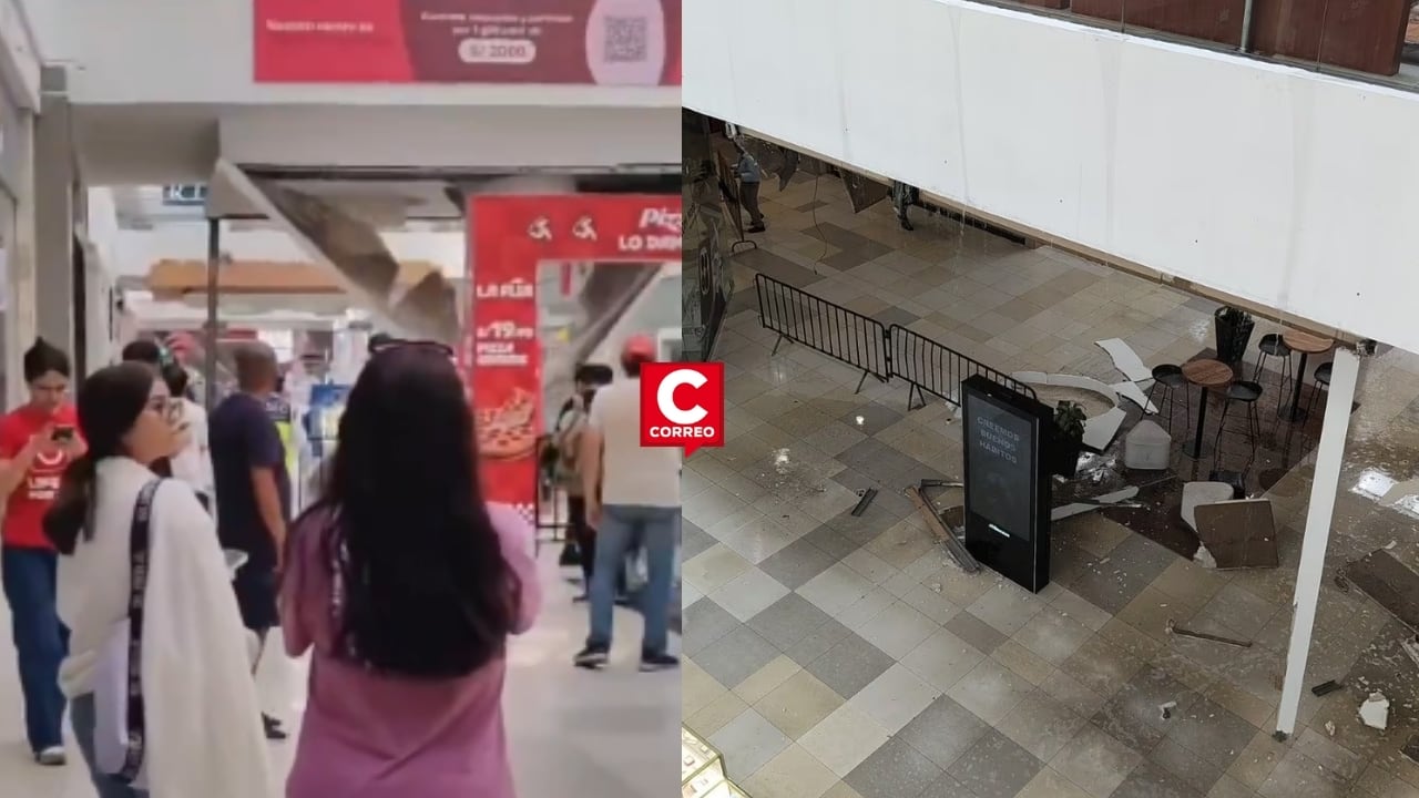 Clausuran Mallplaza Bellavista tras caída de falso techo por falla en tubería interna del local. Composición: Diario Correo.